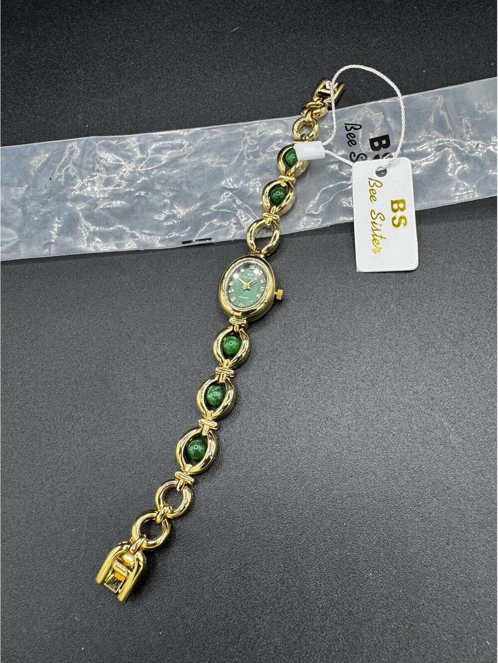 Bee Sister BS Green Stone Bracelet Watch Gold Tone Quartz NWT Working Boho